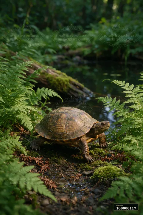 Turtle resting beside a woodland pond, surrounded by ferns, moss, and shaded forest vegetation.
