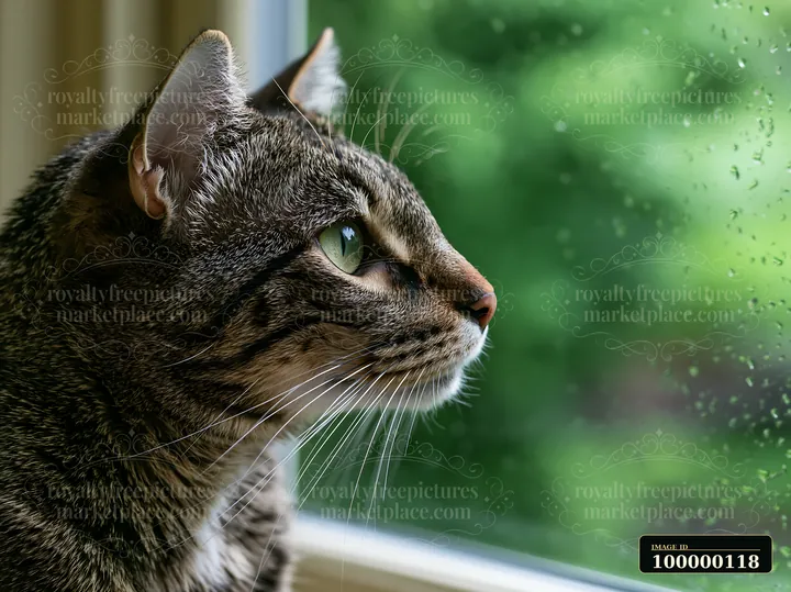 Tabby cat gazing through a rain-speckled window against a softly blurred green background.