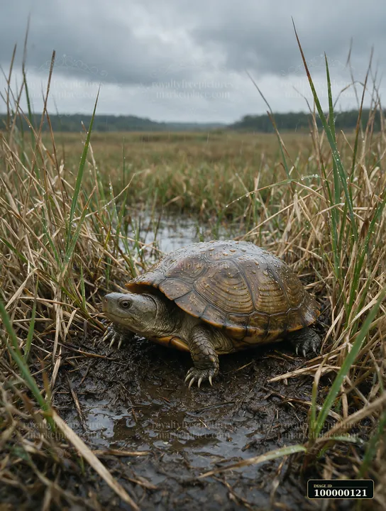 Turtle with raindrops on its shell resting in muddy marsh grass during a cloudy rainstorm.