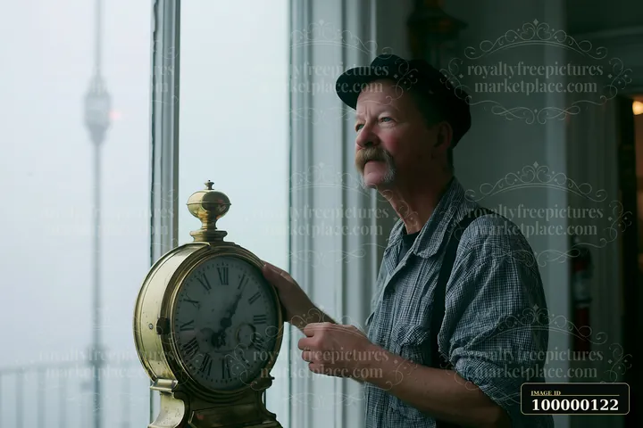 Man in a cap examines an antique brass clock beside tall windows indoors.