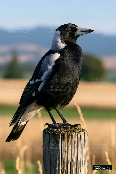 Australian magpie perched on a weathered wooden post in sunlit grassland with blurred hills behind it.