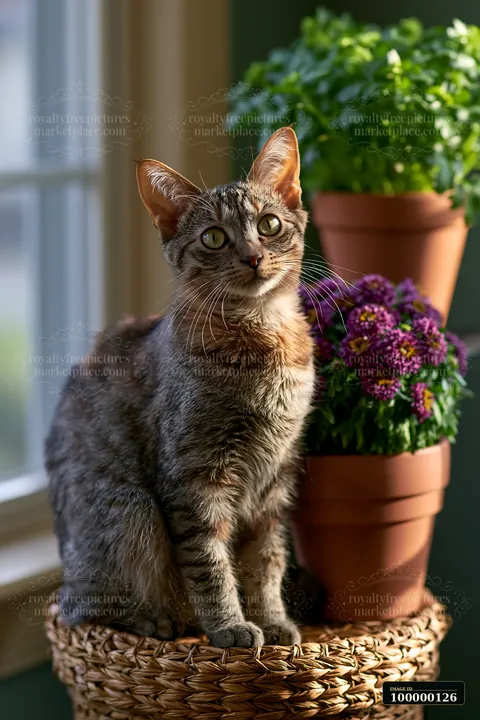 Tabby cat sitting on a woven basket beside potted green plants and purple flowers near a window.