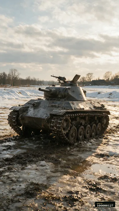 Panzer tank sits on muddy, partially thawed ground in a snowy rural field beneath a cloudy winter sky.