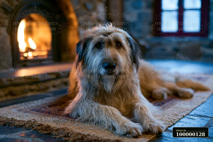 Long-haired dog resting on a rug beside a glowing fireplace in a rustic room.