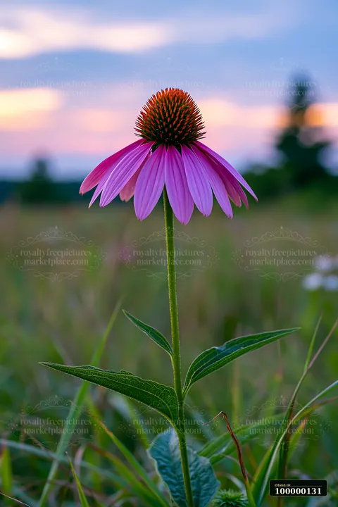Single purple echinacea flower blooming above prairie grass beneath a softly colored evening sky.