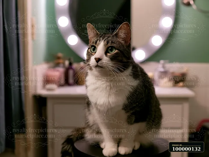 Tabby and white cat sits on a stool indoors in front of a softly lit vanity mirror.