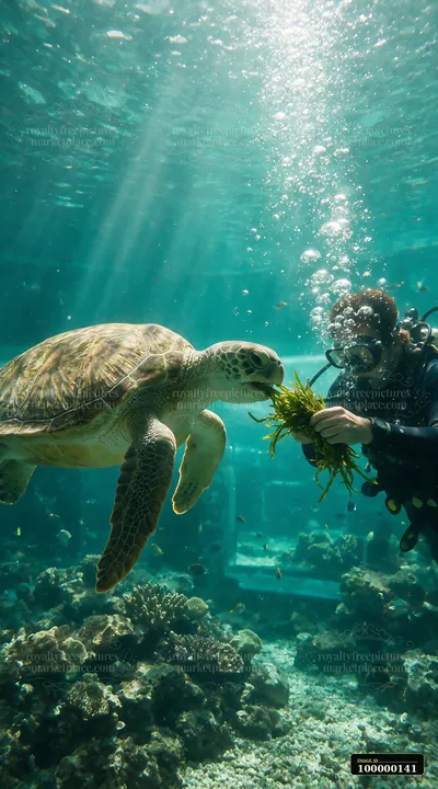 Sea turtle reaches for seaweed held by a scuba diver in a brightly lit aquarium reef exhibit.