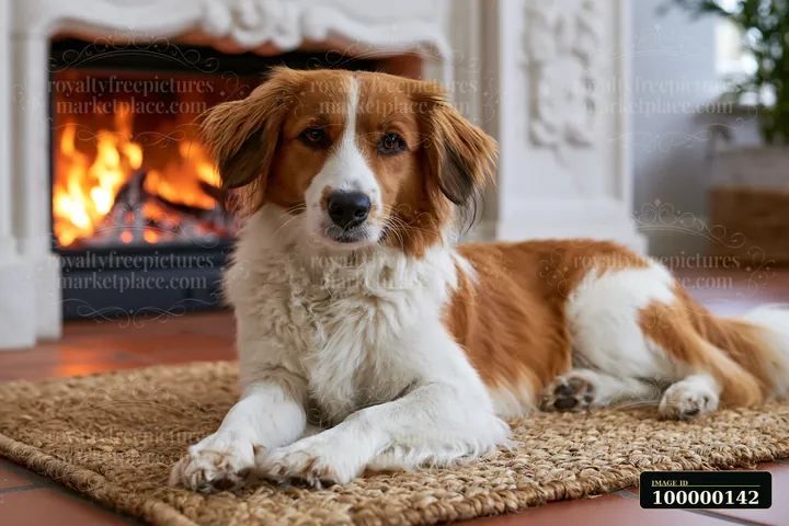 Brown and white dog relaxing on a woven rug beside a glowing fireplace indoors.