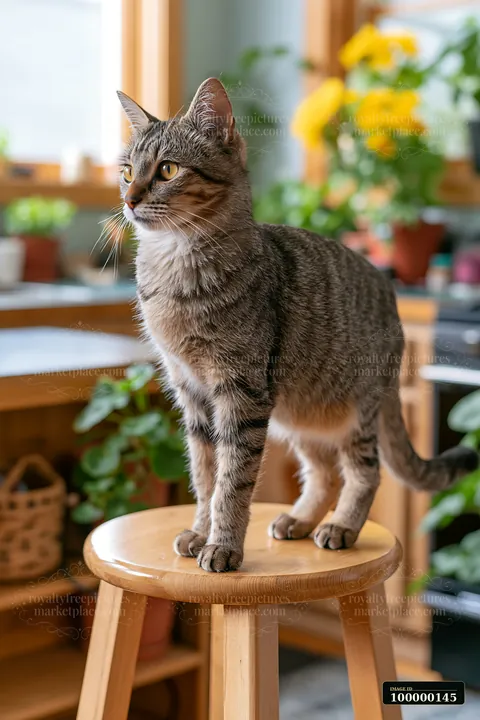 Tabby cat standing on a wooden stool in a bright indoor room with plants and flowers.