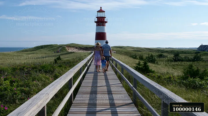 Family of three walking on a boardwalk toward a red-and-white lighthouse in coastal dunes