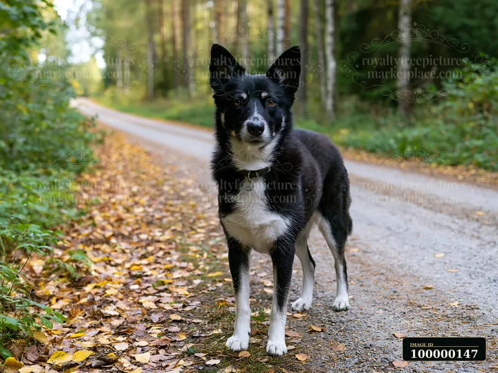 Black and white dog standing on a leaf-covered forest path