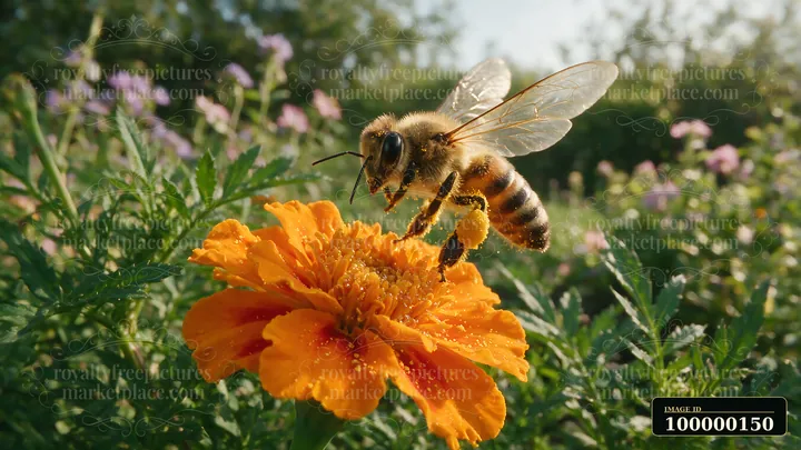 Honey bee with open wings lands on an orange flower in a sunlit garden.