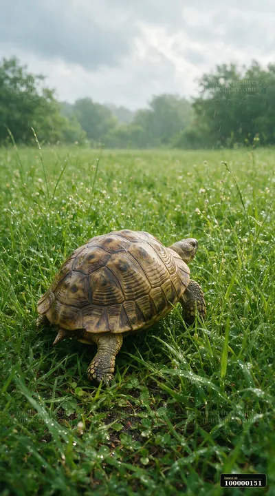 Turtle walking through rain-soaked grass in a meadow with blurred trees and a cloudy sky.