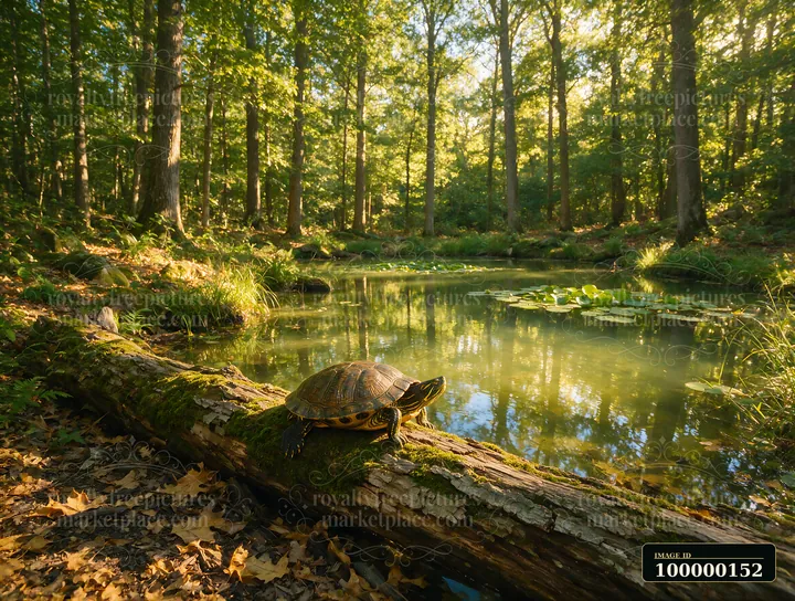 Turtle rests on a mossy fallen log beside a sunlit woodland pond with water lilies.