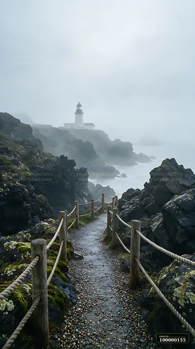 Lighthouse above a rocky ocean coast, seen through heavy fog from a rope-lined coastal trail.