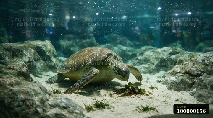 Sea turtle feeding on food over a sandy floor in a rocky aquarium habitat.
