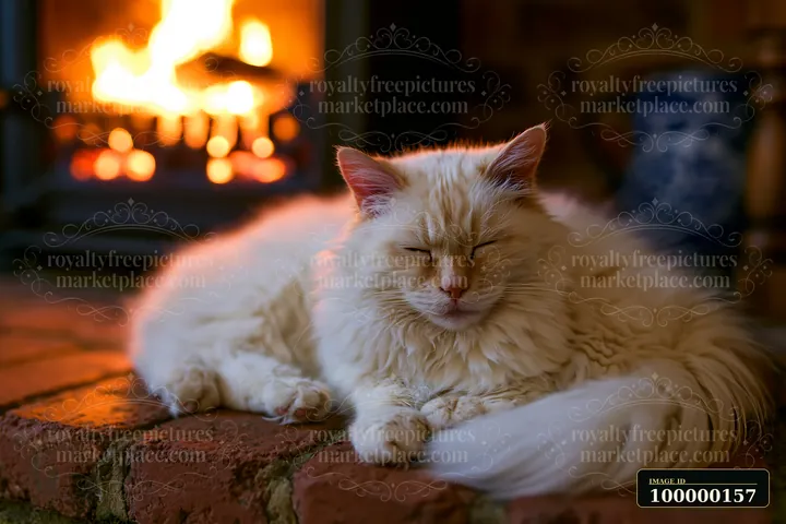 Long-haired cream cat sleeping on a brick hearth beside a glowing fireplace at home.