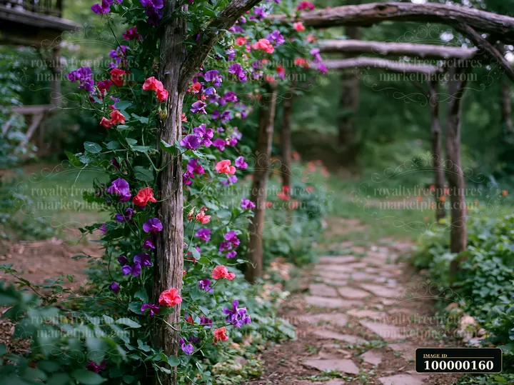 Purple and pink sweet pea flowers climb a rustic wooden trellis beside a garden path.