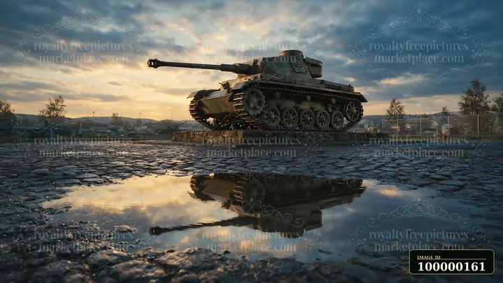 Panzer tank monument stands outdoors at sunset, reflected in a large puddle on cobblestones.
