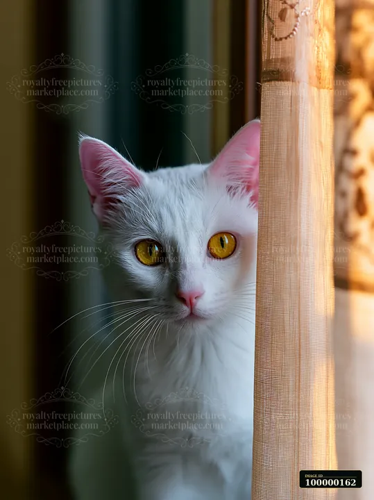 White Khao Manee cat with golden eyes peeks through a sheer curtain in warm sunlight.