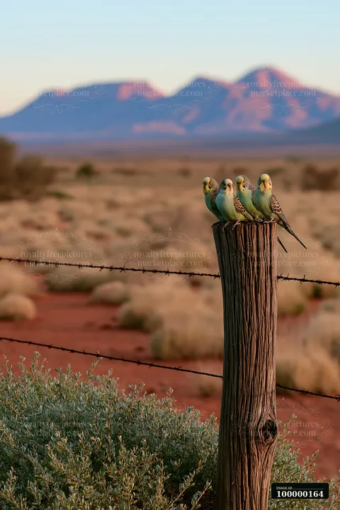 Four colorful budgerigars perch on a wooden fence post above barbed wire in a desert landscape.