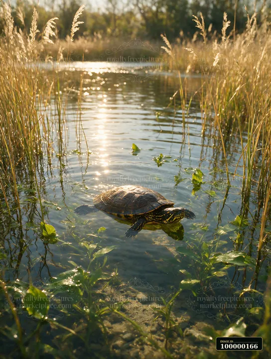Turtle swims through aquatic plants in a sunlit shallow pond surrounded by reeds.