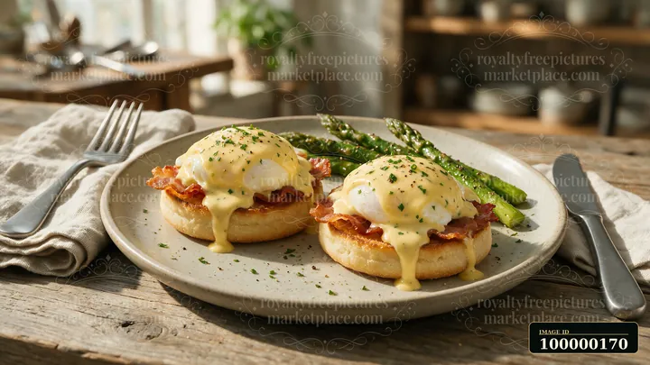 Poached eggs with hollandaise, bacon, English muffins, and asparagus on a breakfast plate.