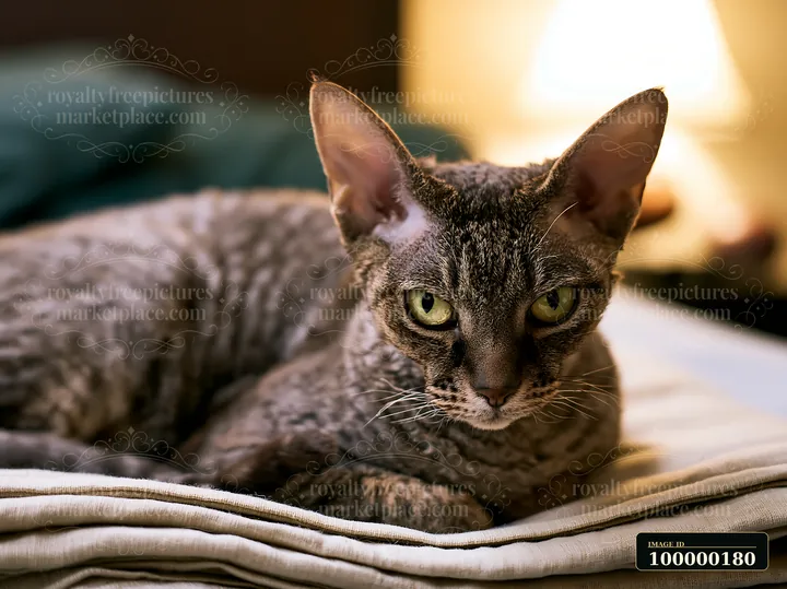 Spotted cat with green eyes rests on folded blankets in warm indoor light.