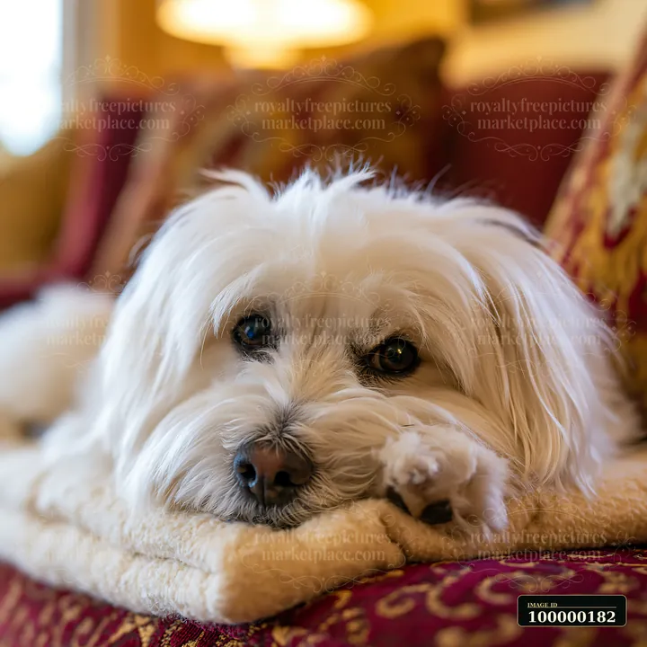 White dog resting on a soft cushion in a warmly lit indoor room.