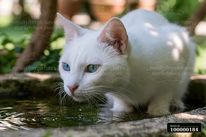 White Khao Manee cat with blue eyes drinking from a shallow garden pond