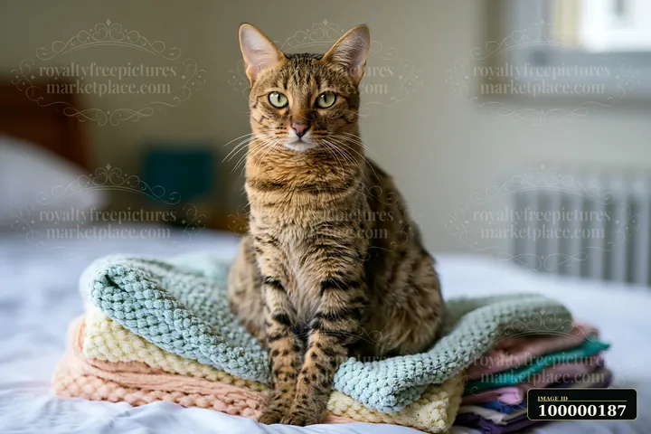Savannah cat sitting on folded pastel blankets on a bed in a softly lit bedroom.