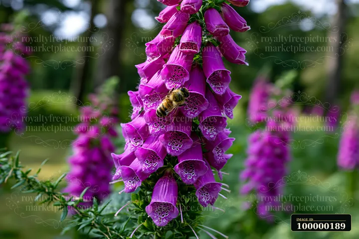 Honey bee collecting nectar from purple foxglove flowers in a lush garden