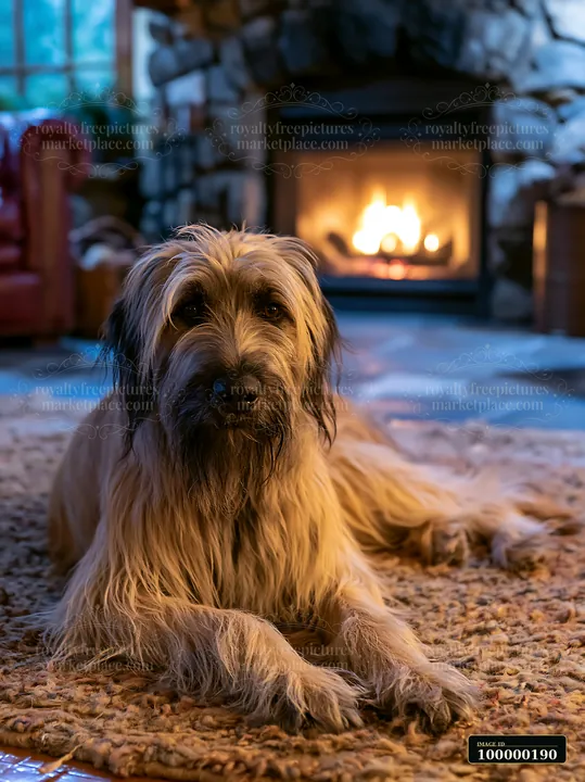 Long-haired dog lies on a rug in front of a glowing fireplace in a cozy room.