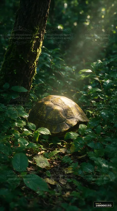 One turtle rests among leafy forest groundcover, with its patterned shell lit by natural sunlight.