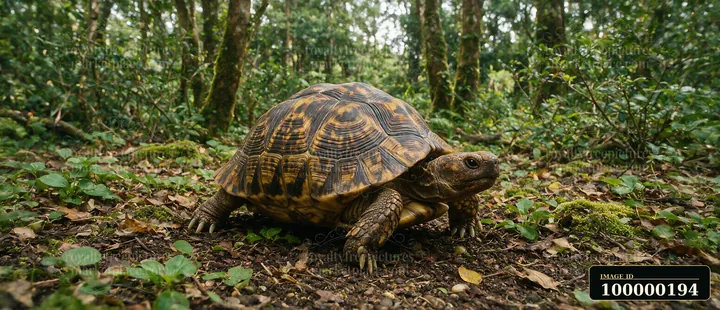 A tortoise with a patterned shell rests on the leafy forest floor in natural light.