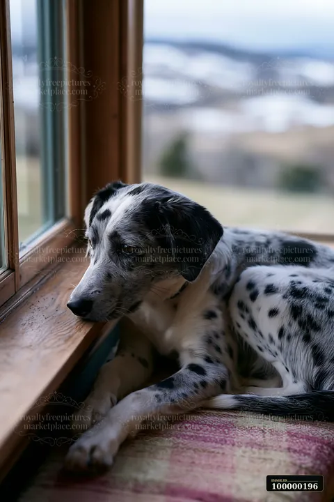 Black-and-white spotted dog resting beside a wooden window and looking toward the outdoors.