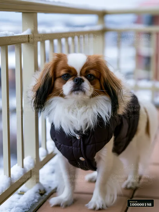 Small long-haired dog wearing a dark winter coat stands on a snowy porch beside a railing.