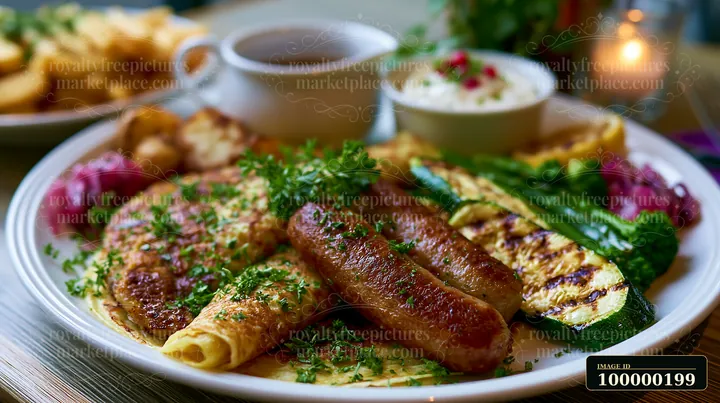 Breakfast plate with sausage, grilled vegetables, eggs, potatoes, parsley, and coffee on a warmly lit table.