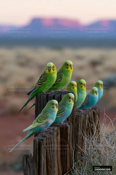 Colorful budgerigars perch on weathered wooden posts against a softly blurred desert landscape.