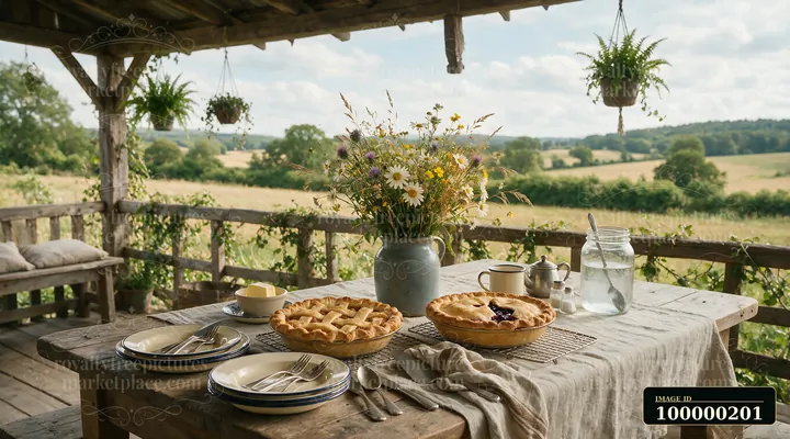Rustic farmhouse buffet with pies, tableware, flowers, and drinks on a covered porch overlooking rural fields.