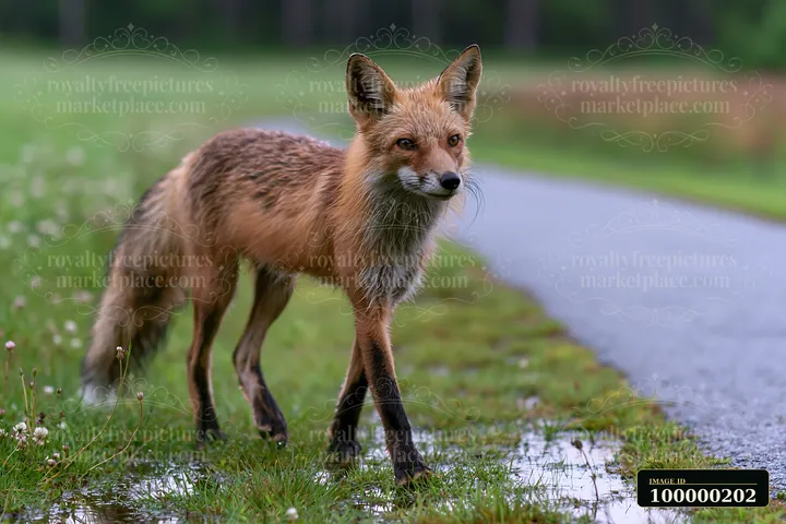 Red fox standing beside a wet path in a grassy landscape with puddles.
