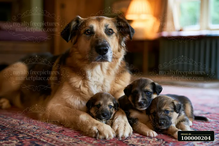 Mother dog resting with four puppies on a patterned rug in a warmly lit room.