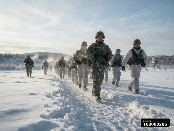 Soldiers march through deep snow during a winter training exercise on an open field.