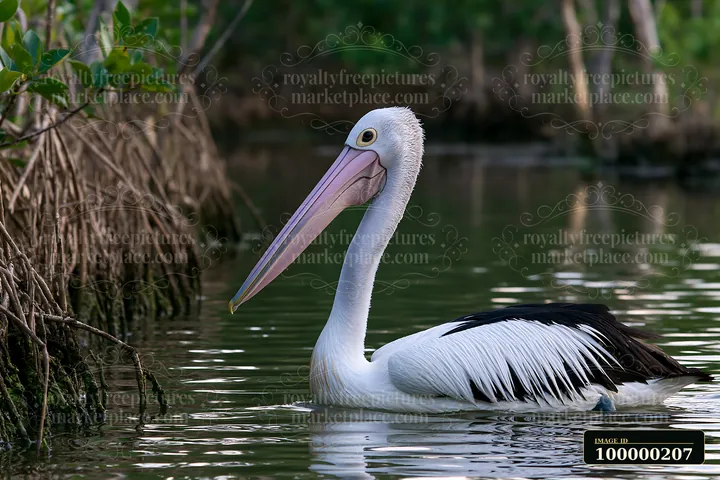 Australian pelican swimming beside mangrove roots in calm coastal lagoon water.