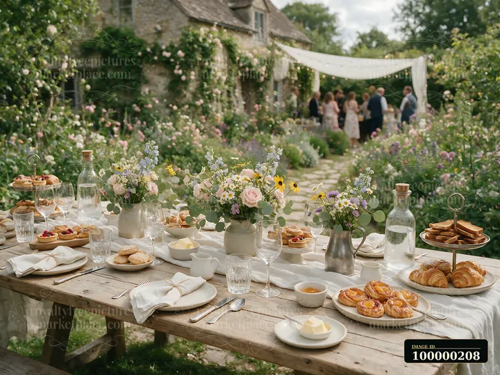 Rustic farmhouse buffet with pastries, flowers, glassware, and drinks in a lush garden beside a stone farmhouse.