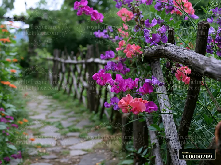 Pink and purple sweet pea flowers climb a rustic wooden trellis beside a garden path.