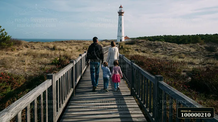 Family of four walks on a wooden boardwalk through coastal dunes toward a white lighthouse.