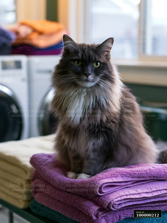Gray Asian Semi-longhair cat sitting on folded purple blankets indoors near a bright window.