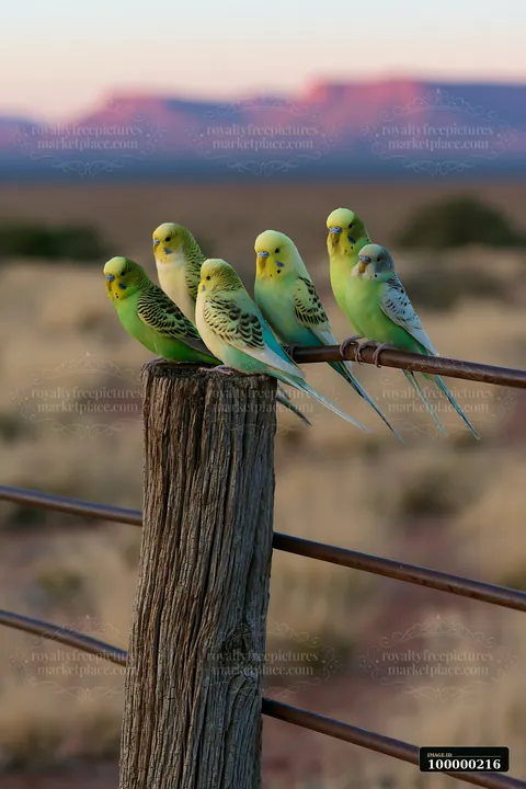Five colorful budgerigars perch on a weathered post and wire fence in a blurred desert landscape.