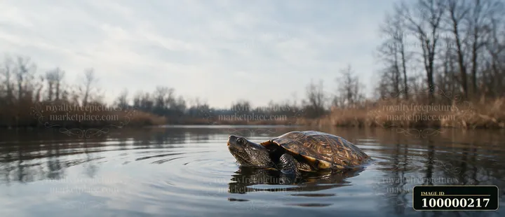 Turtle peeking above calm water in a quiet wetland surrounded by reeds and leafless trees.